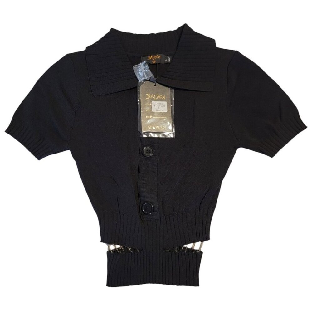 NEW Balboa Camille Black Short‎ Sleeve Top Size L RUNS VERY SMALL NWT